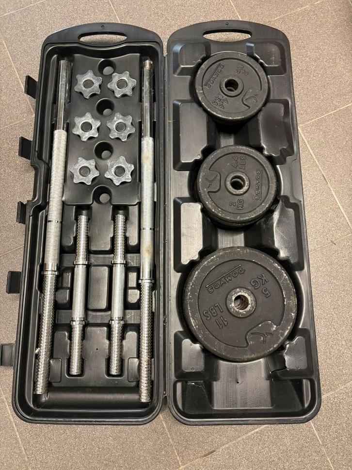 Halterset voor krachttraining 50kg met buikspierbank, Sport en Fitness, Fitnessmaterialen, Gebruikt, Halterset, Armen, Benen, Borst