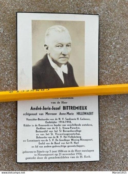 SIJSELE André BITTREMIEUX  5/6/1886 OUDSTRIJDER 1914-18, Verzamelen, Bidprentjes en Rouwkaarten, Bidprentje, Ophalen of Verzenden