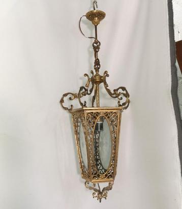 Grote antieke bronzen hanglamp met geëtst glas H 90cm B 37cm beschikbaar voor biedingen