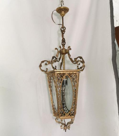 Grote antieke bronzen hanglamp met geëtst glas H 90cm B 37cm, Antiek en Kunst, Antiek | Verlichting, Ophalen