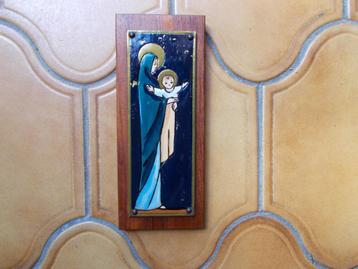 Plaque Marie et Jesus en bois et laiton (et émail?) vintage