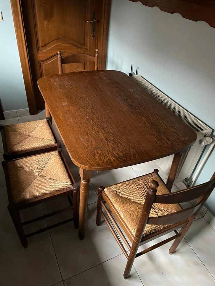 Massieve houten keukentafel + 2 stoelen + 2 krukjes, Maison & Meubles, Tables | Tables à manger, Enlèvement