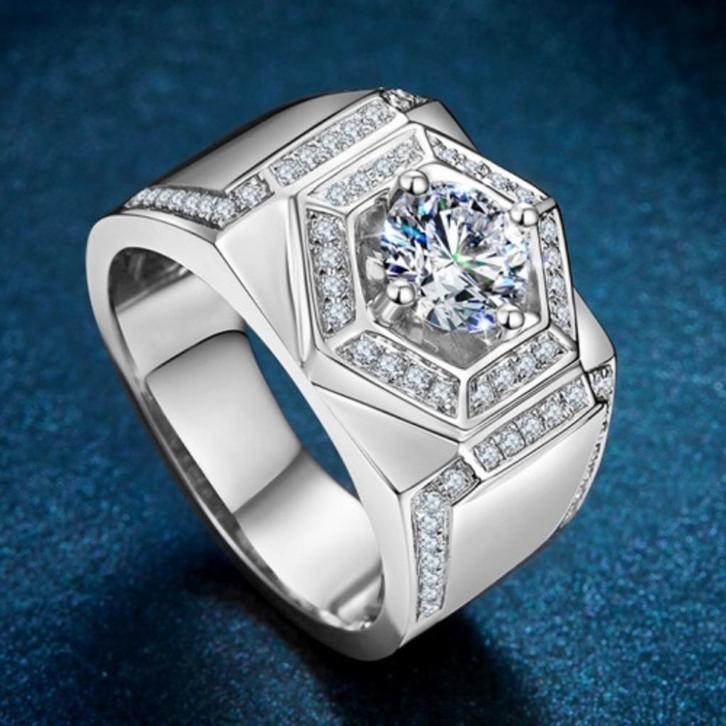 Zilveren ring met Moissanite Diamant 1 karaat D kleur, Handtassen en Accessoires, Ringen, Nieuw, Heer, Zilver, Zilver, Verzenden