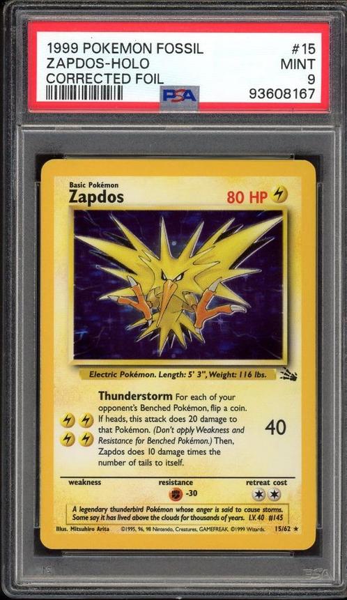 Zapdos Holo [Feuille corrigée] PSA 9 - 15/62 - Fossil 1999, Hobby & Loisirs créatifs, Jeux de cartes à collectionner | Pokémon