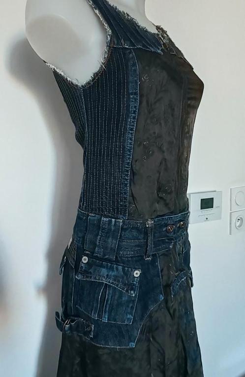 Vintage tankjurk van denim en satijn in maat M, Kleding | Dames, Jurken, Zo goed als nieuw, Blauw, Ophalen of Verzenden