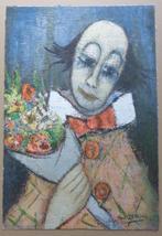 HUBERT DE VRIES / CLOWN MET BLOEMEN / KLEURLITHO / 56x38cm, Antiek en Kunst, Ophalen of Verzenden