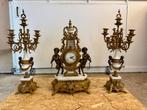 Antiek schouwgarnituur klok & kandelaars marmer/verguld, Ophalen of Verzenden