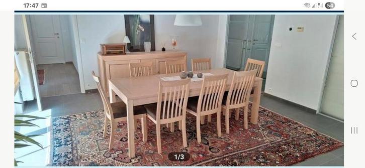 Complete eetkamer in lichte eik voor 8 personen te koop, Huis en Inrichting, Complete eetkamers, Zo goed als nieuw, 8 stoelen of meer