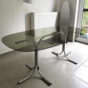 Table a manger design vintage verre fumé et pieds chromés, 150 à 200 cm, Comme neuf, Verre, Enlèvement
