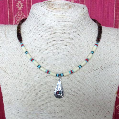 Indiaanse ketting met turquoise zuni zonnehanger en zilver, Handtassen en Accessoires, Kettingen, Nieuw, Zilver, Blauw, Met edelsteen
