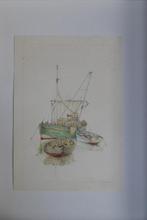Aquarel vissersboot, Antiquités & Art, Art | Autres Art, Aquarel, boten,, Enlèvement ou Envoi
