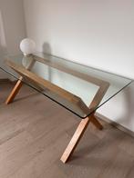 Tafel/bureau glazen blad op elegant massief eiken voet, Ophalen