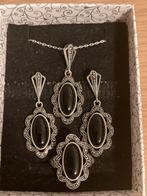 Antieke zilveren onyx setje, Met edelsteen, Ophalen of Verzenden, Zilver, Oorbellen