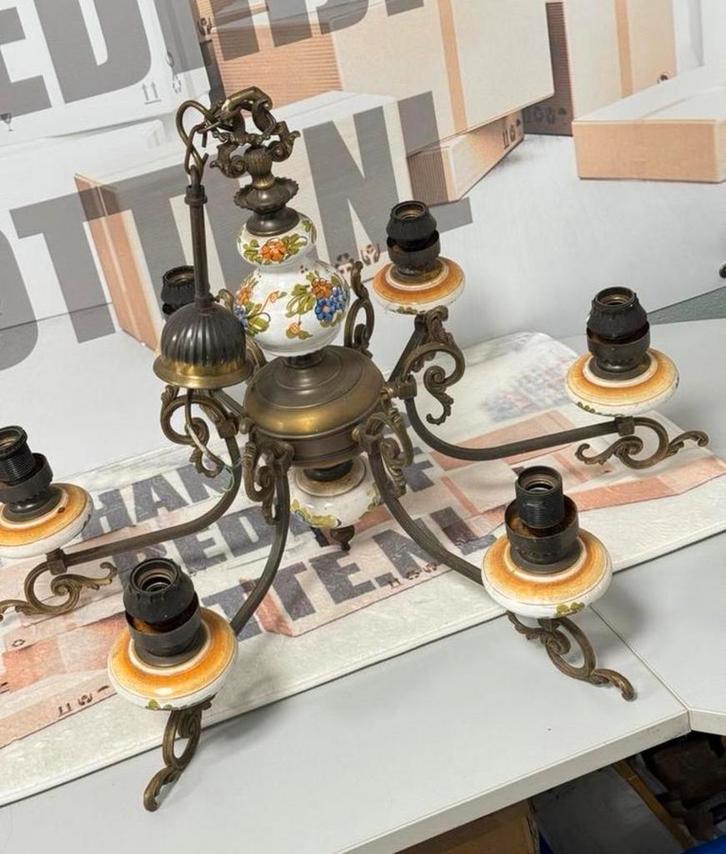 Antiek vintage Kroonluchter koper messing porselein brocante, Antiek en Kunst, Antiek | Verlichting, Ophalen of Verzenden