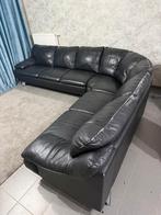Grote zwarte leren hoekbank, Huis en Inrichting, Leer