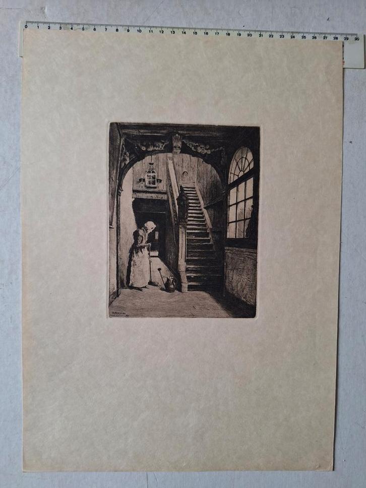 Ets Charles Mertens Trap van het Brouwershuis Antwerpen, Antiek en Kunst, Kunst | Etsen en Gravures, Ophalen of Verzenden