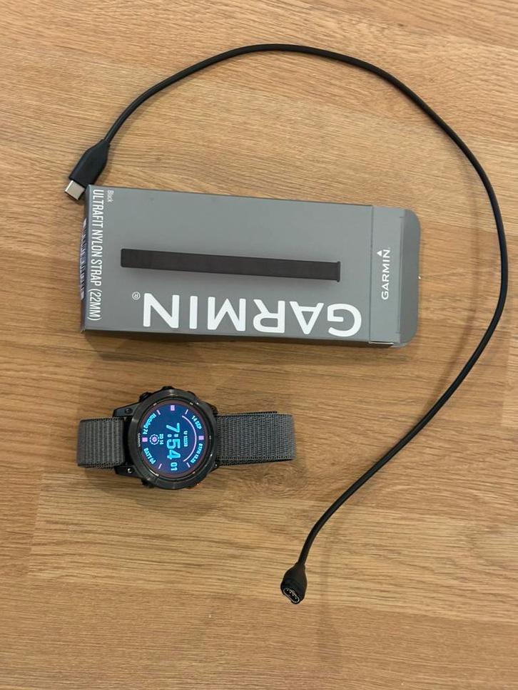 Garmin Fenix 7 pro solar zwart (47 mm), Handtassen en Accessoires, Smartwatches, Gebruikt, Zwart, Afstand, Calorieverbanding, Conditie