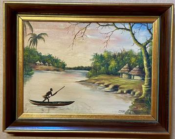 Origineel handgeschilderd tropisch rivierlandschap - vintage beschikbaar voor biedingen