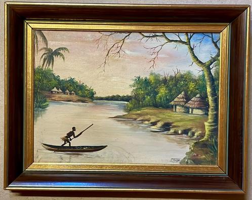 Origineel handgeschilderd tropisch rivierlandschap - vintage, Antiek en Kunst, Kunst | Schilderijen | Klassiek, Ophalen of Verzenden