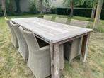 Teak tuintafel met 6 comfortabele zeteltjes (+ kussen), Ophalen, Gebruikt, Rechthoekig, Teakhout