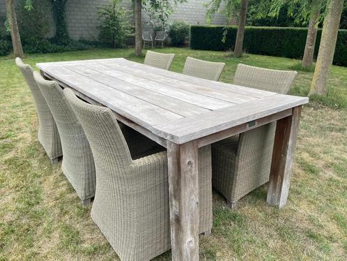 Teak tuintafel met 6 comfortabele zeteltjes (+ kussen), Tuin en Terras, Tuintafels, Gebruikt, Rechthoekig, Teakhout, Ophalen