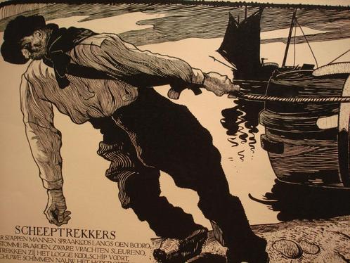 Maurice LANGASKENS grote litho kartons boottrekkers schepen, Antiek en Kunst, Kunst | Litho's en Zeefdrukken, Ophalen