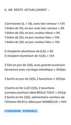 Baril 225L=30€/pc-Bidon 60L=30€-récipient 13.8L aluminium=8€, Enlèvement ou Envoi
