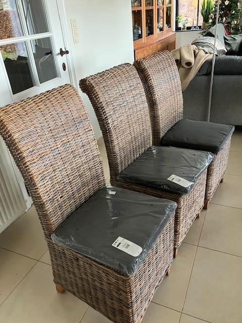 3 William Winston rotan stoelen met kussens in goede staat, Huis en Inrichting, Stoelen, Gebruikt, Drie, Riet of Rotan, Bruin