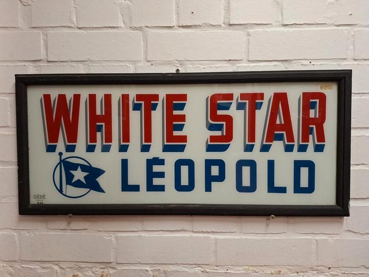 Originele Glas Reclame Leopold White Star bier, Verzamelen, Merken en Reclamevoorwerpen, Gebruikt, Reclamebord, Ophalen