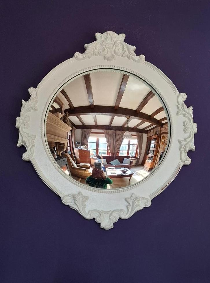Antieke butlerspiegel - bolle houten spiegel xl, Antiek en Kunst, Antiek | Spiegels, 50 tot 100 cm, Minder dan 100 cm, Rond, Ophalen of Verzenden