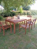 tafel in tek massief met 8 stoelen levering mogelijk, Ophalen of Verzenden, Zo goed als nieuw
