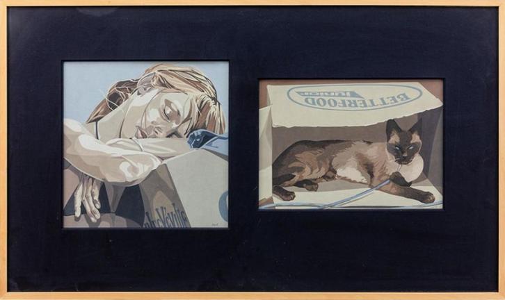 Jacques Neve (1942-2023): Slapen meisje + Poes (108 x 64 cm), Antiek en Kunst, Kunst | Schilderijen | Klassiek, Ophalen of Verzenden
