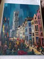 Schilderij Belfort Brugge met helblauwe achtergrond, Antiek en Kunst, Ophalen