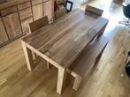 Teak tafel + 3 stoelen + bank, Ophalen, Gebruikt, Teakhout, 50 tot 100 cm