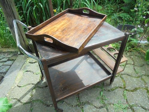 Handige oude houten rolwagen met dienblad en flessenhouder, Antiek en Kunst, Curiosa en Brocante, Ophalen