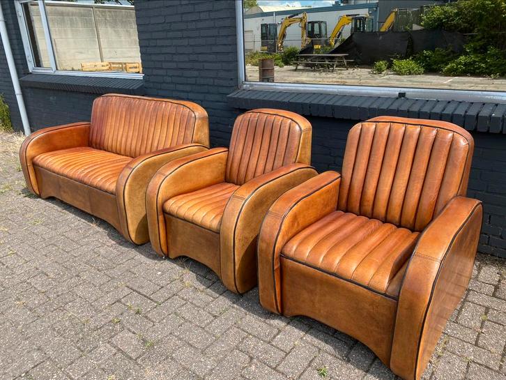 Prachtige Schapenleren Art-Deco zetels cognac, Huis en Inrichting, Zetels | Voetbanken en poefs, Leer, Ophalen of Verzenden