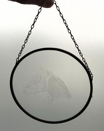 Geëtst paardenhoofd op glas in metalen frame 