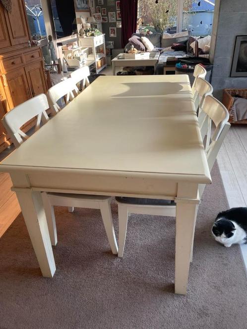 vintage tafel beige + 6 landelijke witte stoelen, Huis en Inrichting, Tafels | Eettafels, Gebruikt, 50 tot 100 cm, 150 tot 200 cm