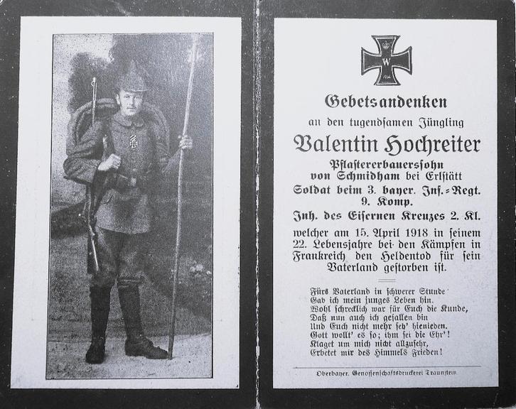 Duits bidprentje voor soldaat Valentin Hochreiter, Verzamelen, Bidprentjes en Rouwkaarten, Bidprentje, Ophalen of Verzenden