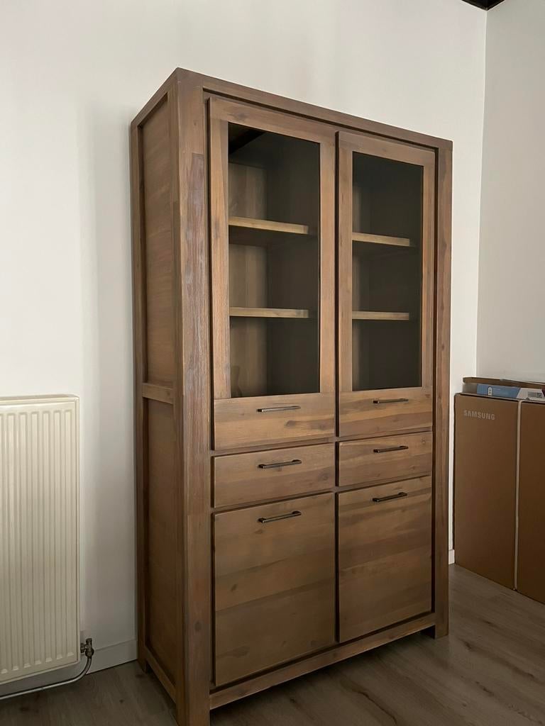 HOUTEN VITRINEKAST EN EETTAFEL TAFEL ( GRATIS SALONTAFEL!), Ophalen, 100 tot 150 cm, 150 tot 200 cm, Vierkant