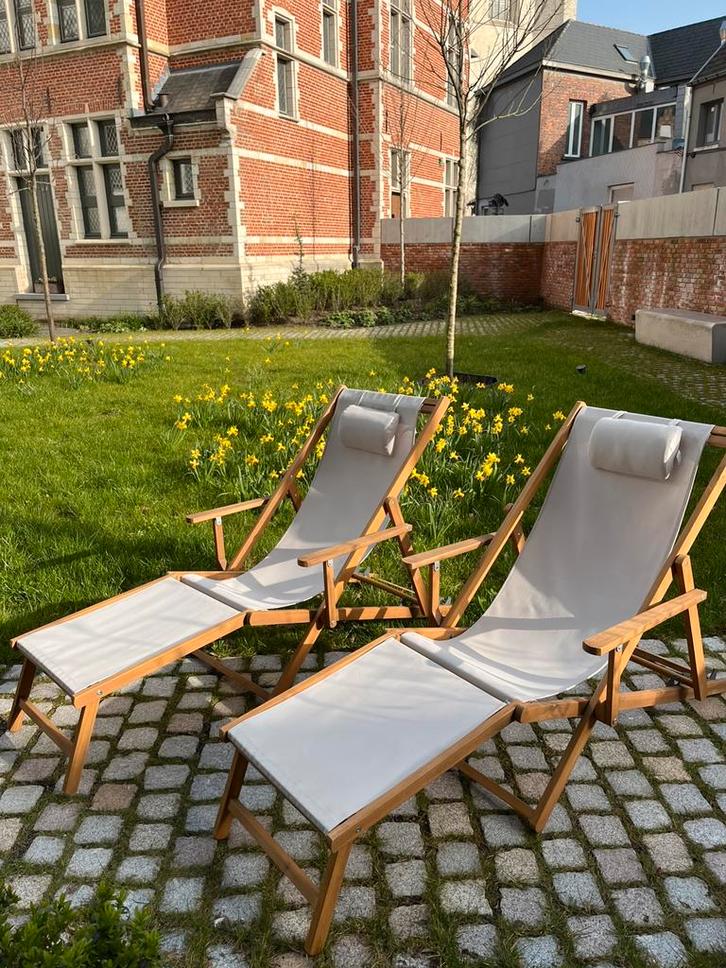 Ligstoelen La Redoute beige hout twee stuks, Tuin en Terras, Ligbedden, Gebruikt, Hout, Inklapbaar, Verstelbaar, Ophalen