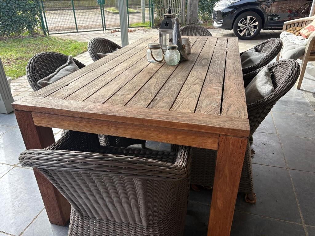 Tuinset teak tafel en 6 wicker stoelen, Tuin en Terras, Ophalen, Gebruikt, 6 zitplaatsen, Wicker