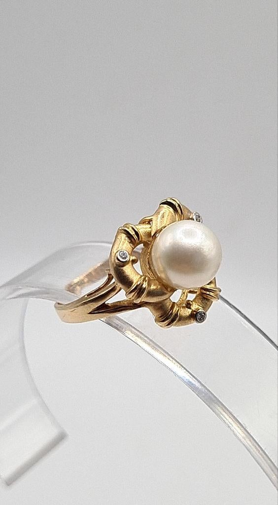 14k gouden ring met dikke parel en diamanten, Verzenden, Ring
