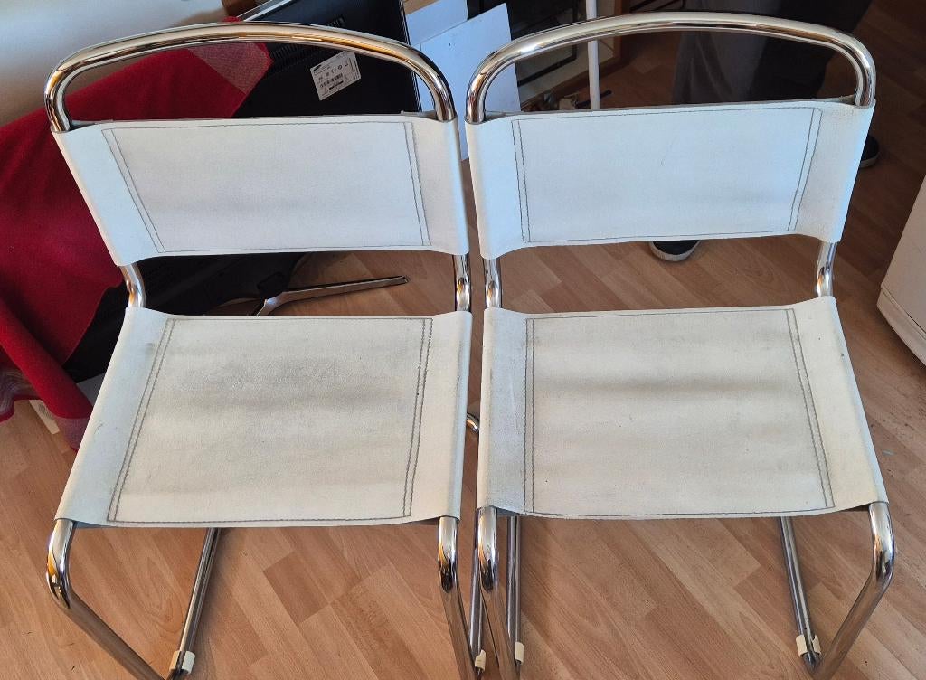 Paire de chaises Vintage Design - Cuir (Style Giaretti), Maison & Meubles, Chaises, Utilisé, Deux, Cuir, Métal, Blanc, Enlèvement