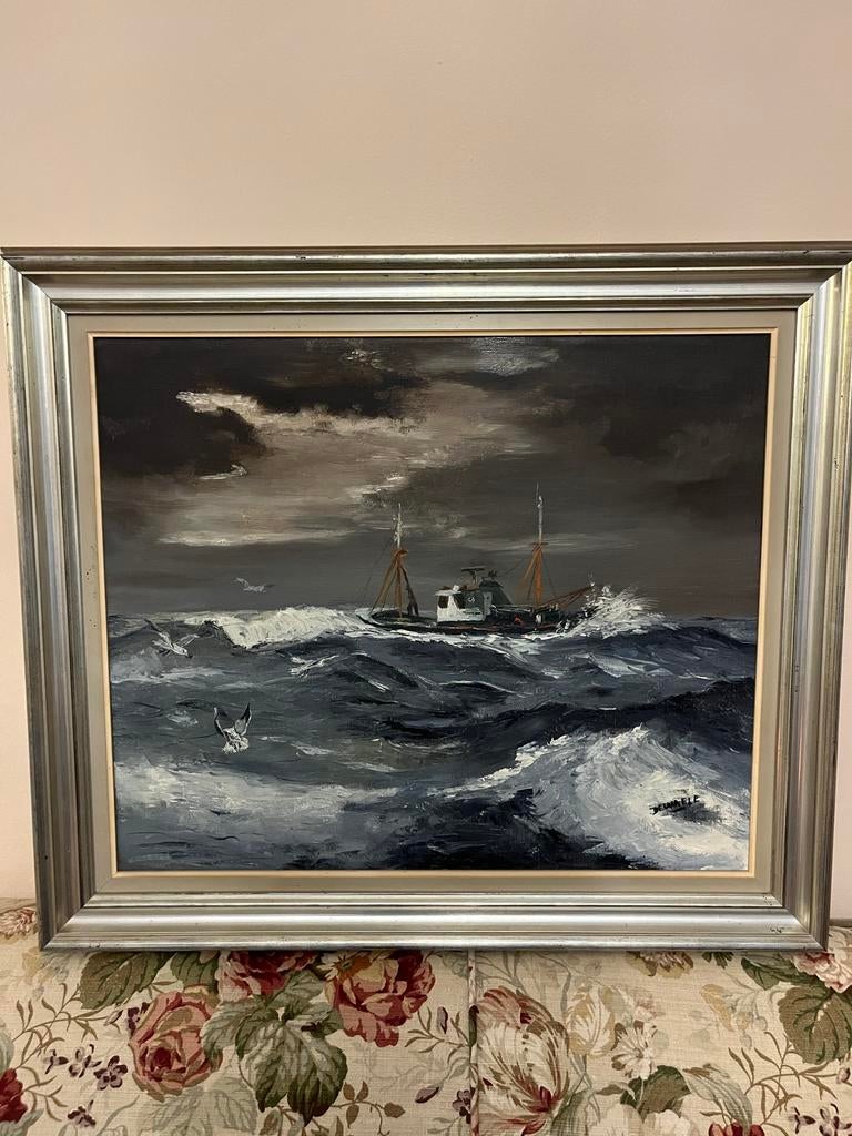Vintage schilderij zee met schip olieverf gesigneerd Dewaele, Antiek en Kunst, Ophalen
