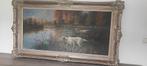 Zeer groot olie schilderij op doek honden aan de waterkant, Antiek en Kunst, Ophalen
