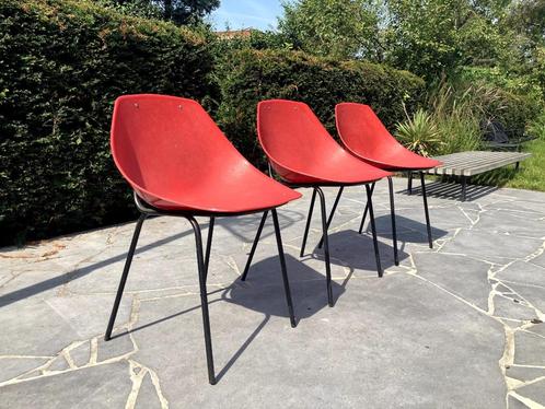 Set van 3 Pierre Guariche Coquillage stoelen Meurop (rood), Antiquités & Art, Antiquités | Meubles | Chaises & Canapés, Enlèvement