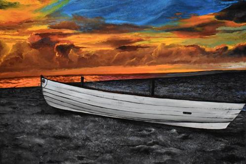 Sunset landscape kayak on beach painting, by joky kamo, Antiquités & Art, Art | Peinture | Moderne, Enlèvement