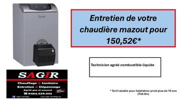 Chauffagiste entretien chaudière mazout 150.52€*ttc, Bricolage & Construction, Enlèvement ou Envoi