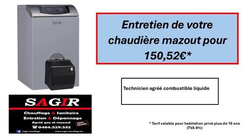 Chauffagiste entretien chaudière mazout 150.52€*ttc, Doe-het-zelf en Bouw, Verwarming en Radiatoren, Ophalen of Verzenden